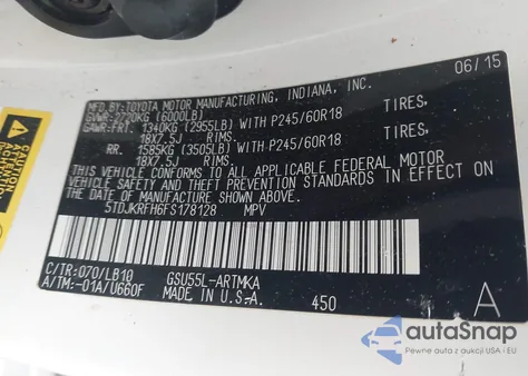 2015 Toyota Highlander Xle V6 z USA, uszkodzony, nr VIN 5TDJKRFH6FS178128